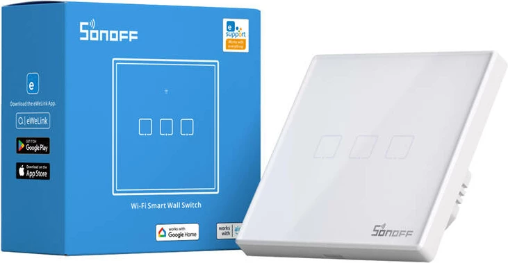Switch i mençur Sonoff T2 EU TX, 3-kanalësh, WiFi + RF 433, i bardhë