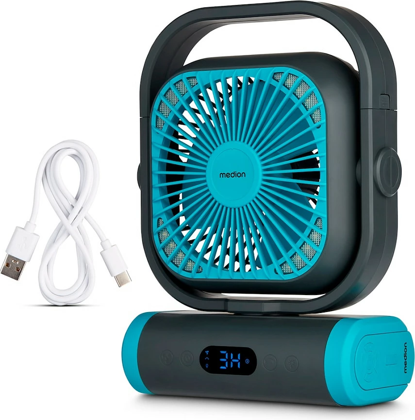 Ventilator kampingu Medion LIFE E10 TF MD 12065, bateri 10000 mAh, LED, USB, auto-oscillim, zi/kaltër