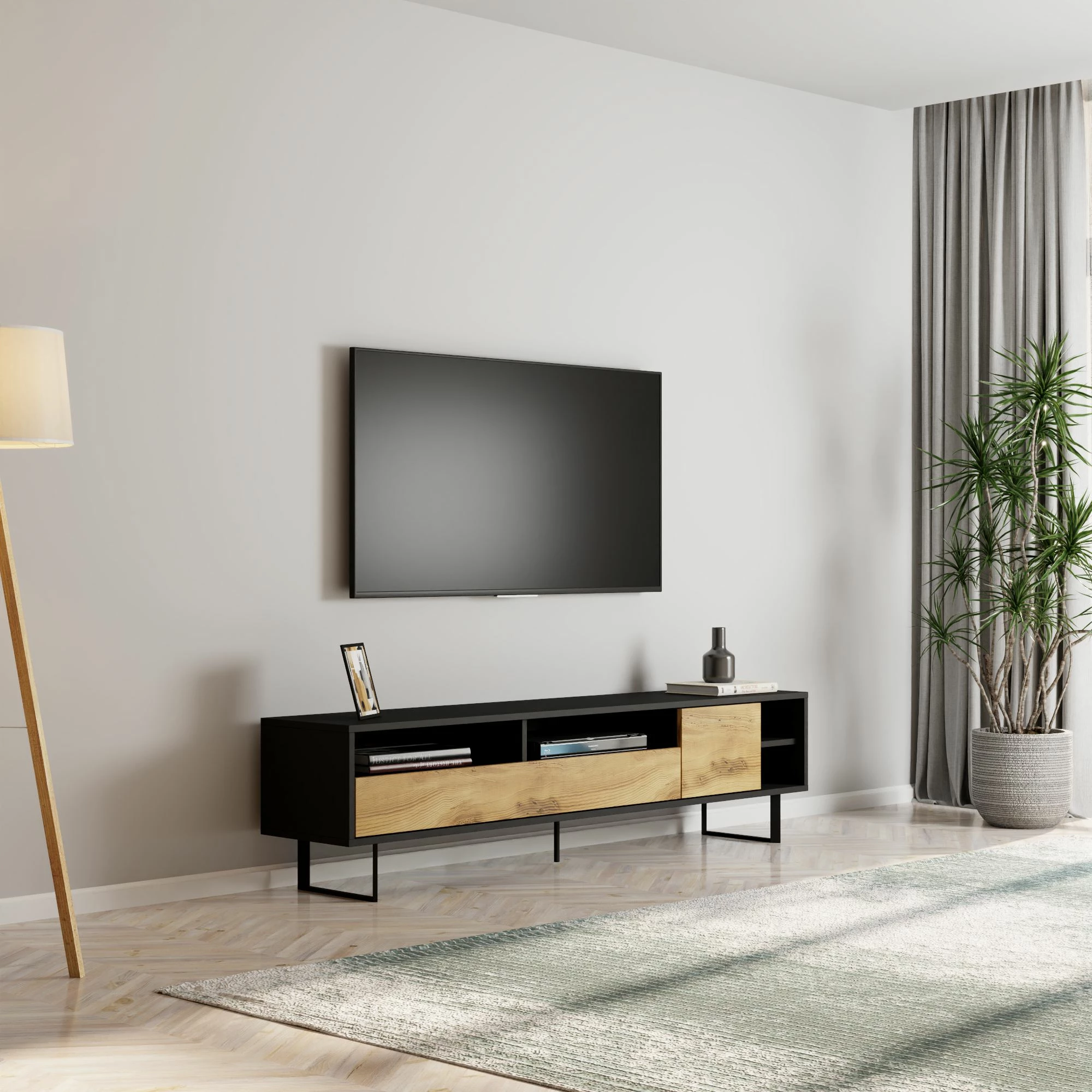 Komodinë TV Skye Decor, ngjyrë e zezë dhe lis, Luga