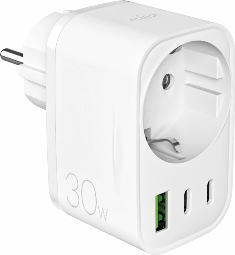 Karikues muri Puro PUTCSPUSBA2C30WWHI 30W PD, 2x USB-C + 1x USB-A, prizë Schuko, i bardhë