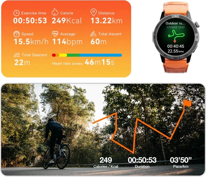 Smartwatch AGM Legion Pro 24166, GPS, harta offline, 5ATM, IP67, MIL-STD-810H, AMOLED 1.43\" 60Hz, Bluetooth thirrje, set me 2 rripa (portokalli neon + zi), i zi
