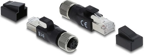 Adapter Ethernet industrial DeLOCK M12 D-coded 4-pin (F) në RJ45 (M), Cat5e, i zi