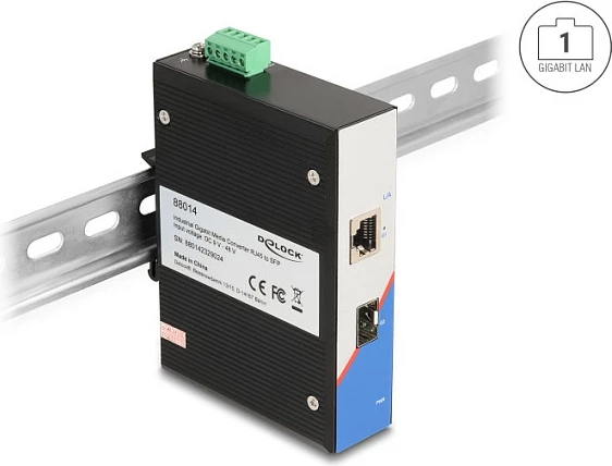 Media konverter industrial Gigabit DeLOCK, RJ45 në SFP, për DIN rail, i zi