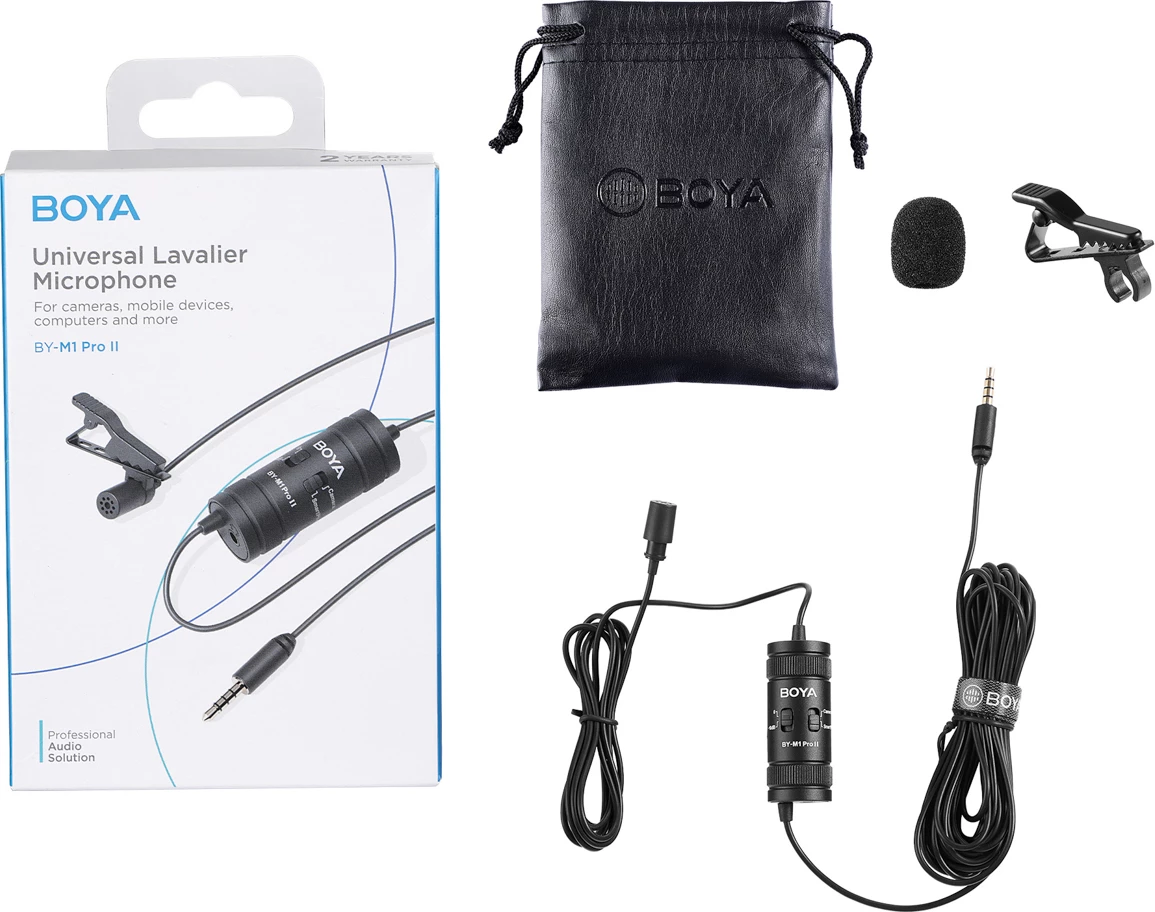 Mikrofon lavalier i lidhur BOYA BY-M1 Pro II, 3.5mm TRRS, kabllo 6 m, me monitorim, i zi, set me klip dhe mbrojtës ere