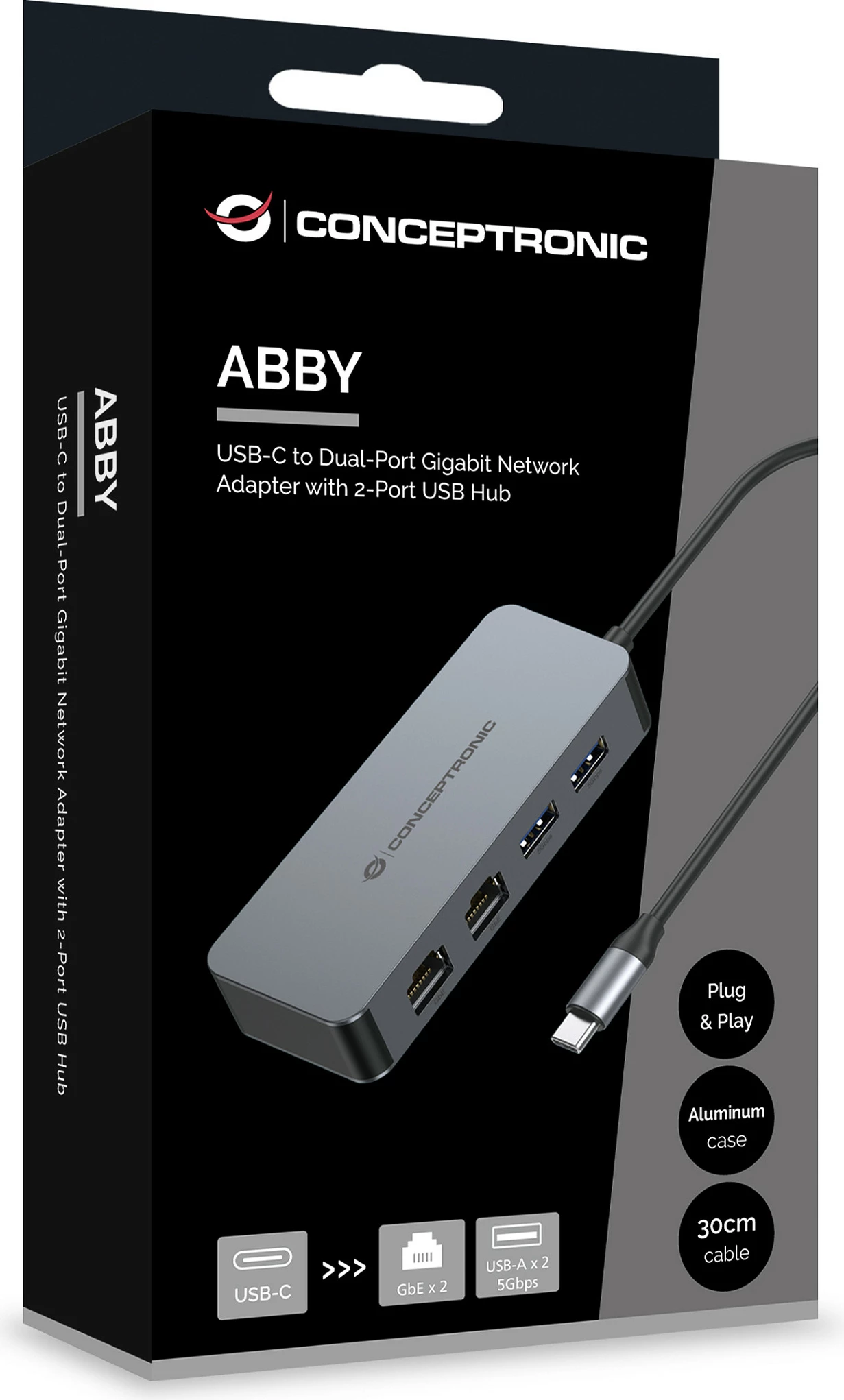 Adapter USB-C Conceptronic, 2xGbE + 2xUSB-A 3.2, 0.30m, gri