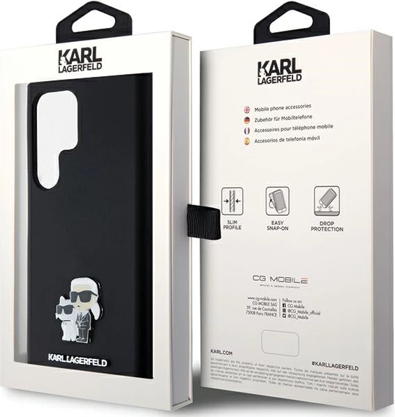 Mbështjellës Karl Lagerfeld Silicone Karl&Choupette Metal Pin për Samsung Galaxy S24 Ultra, i zi