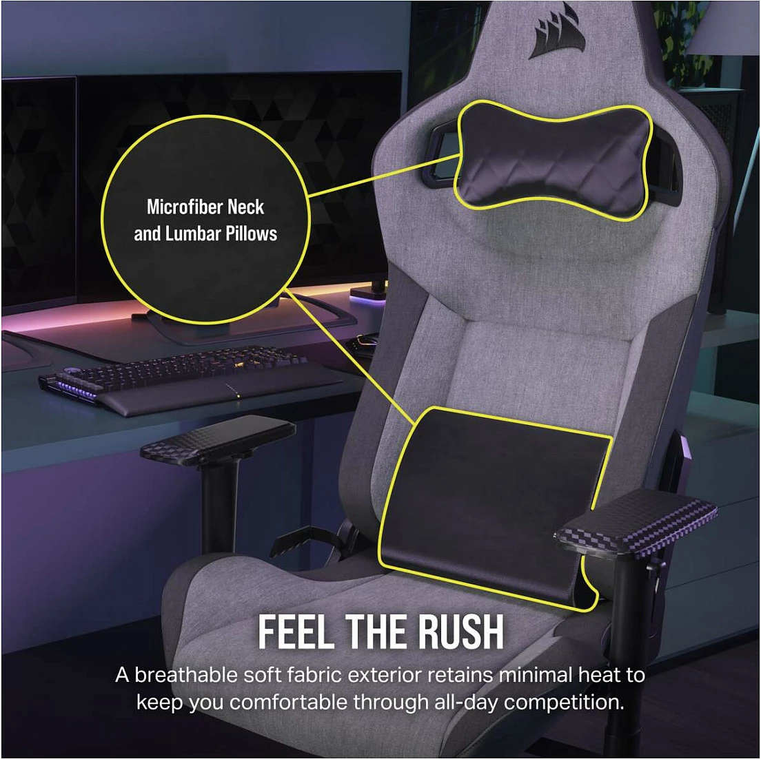 Karrige gaming Corsair T3 Rush, stof, 4D armrest, deri 120 kg, gri/anthracit