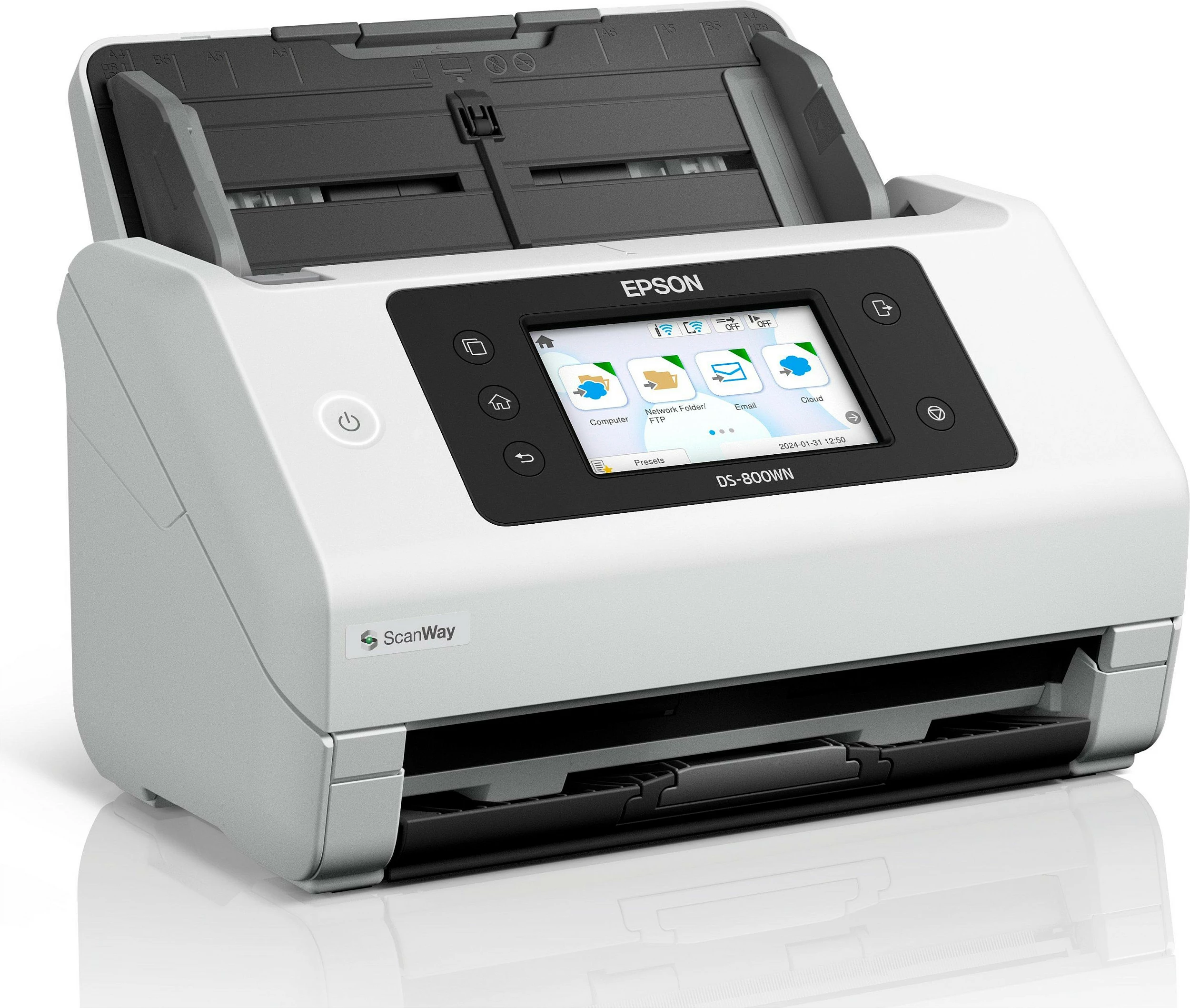 Skaner Epson WorkForce DS-800WN, A4/A3, Wi‑Fi/Ethernet, ADF 100 fletë, 50 ppm / 100 ipm, touchscreen, bardhë