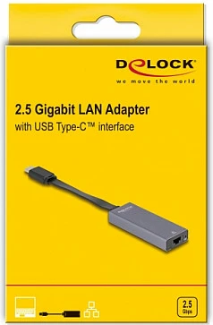 Adapter DeLOCK USB-C në LAN 2.5 Gigabit (RJ-45), slim, 0.09 m, gri