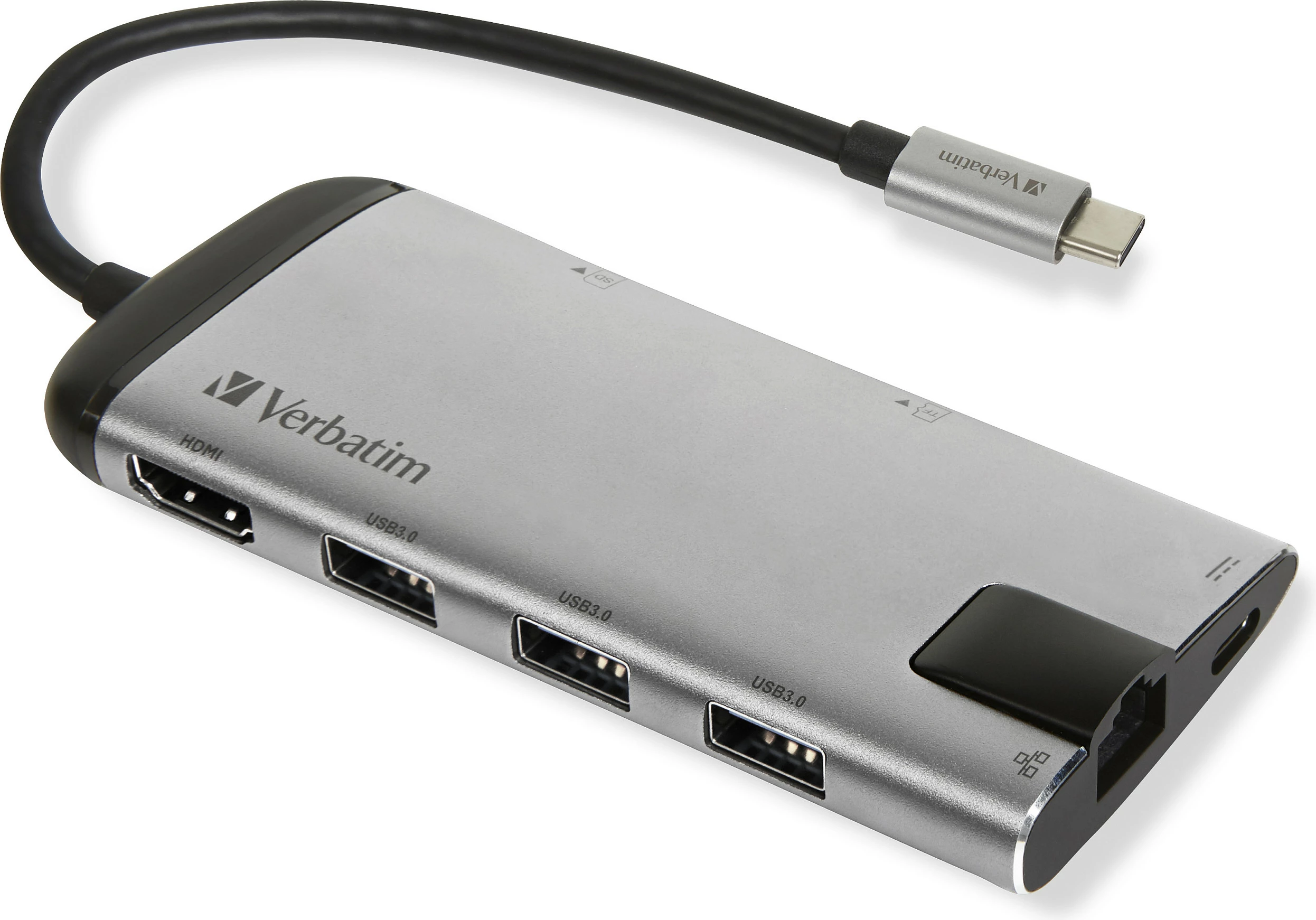 USB-C hub multiport Verbatim 49142, 4K HDMI, RJ-45 LAN, 2x USB-A 3.2 Gen 1, 1x USB-C, microSD, USB PD, zi/argjend