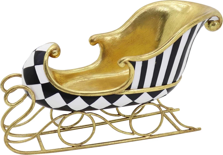 Dekor abstrakt për Krishtlindje, slitë, polirezine, e bardhë, e zezë, e artë, 37x14x21cm