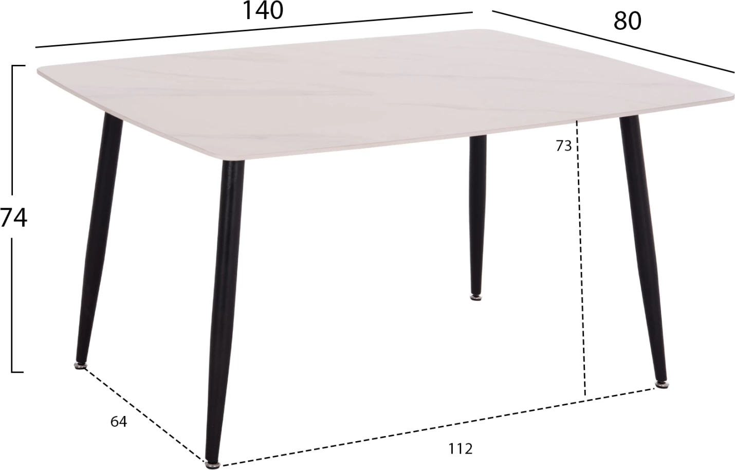 Tavolinë ngrënieje RAVEN, sipërfaqe qeramike, pamje mermeri të bardhë, FH18149.01, 140x80x74cm