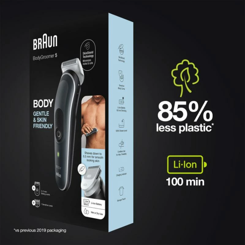 Makinë rroje trupit, Braun BG5350 BodyGroomer Series 5, SkinShield, me 2 krehra + qese mbajtëse, argjendtë/zezë/kafe