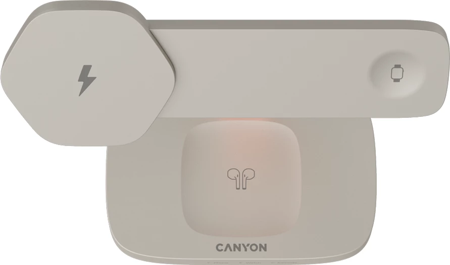 Stacion karikimi wireless CANYON Hexagon WCS-310 3n1 15W, adaptor PD 20W, USB-C, gri e çelët/portokalli
