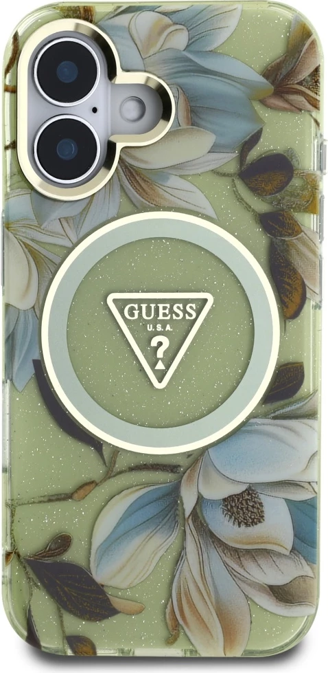 Mbështjellës Guess Glitter Flowers Triangle Buttons MagSafe për iPhone 16, Gjelbër
