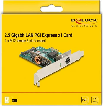 Kartelë rrjeti DeLOCK 90760 PCIe, 2.5GbE, port M12, PoE, e gjelbër/çelik inox