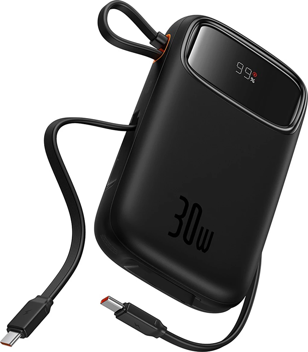 Powerbank Baseus QPow 2, 10000mAh, 30W, me kabllo USB-C të integruar, Ekran LED, e zezë