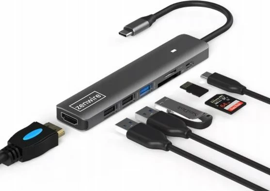 Adapter USB-C 7-në-1 Zenwire 0000000321 me HDMI, USB 3.0, 2x USB 2.0, lexues SD/microSD, Power Delivery, gri