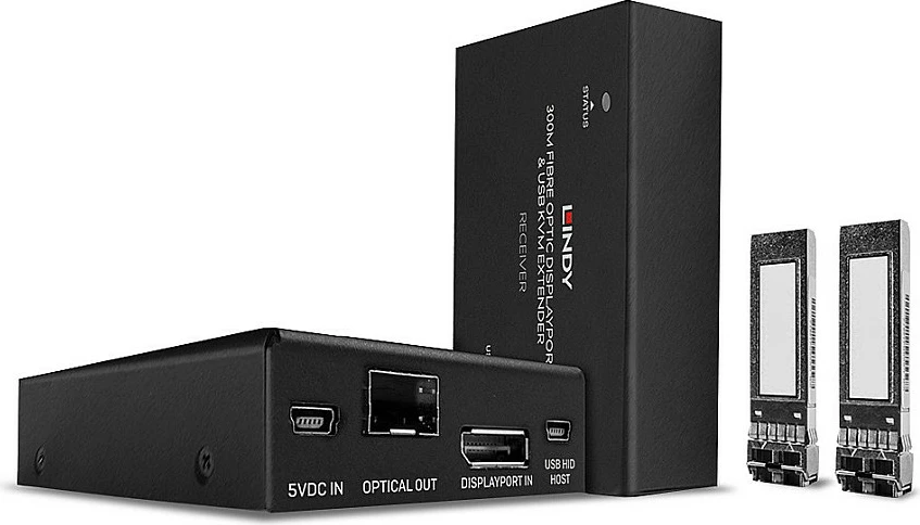 Zgjatues KVM me fibër optike LINDY, DisplayPort 1.2, 300 m, 4K 60Hz, Transmitter & Receiver, e zezë