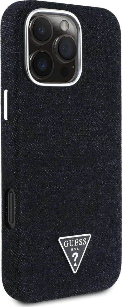 Mbështjellës Guess Denim Triangle Logo MagSafe për iPhone 16 Pro Max, Zi