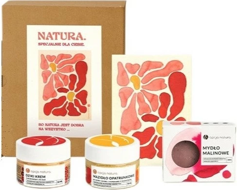 Set për kujdes të trupit Opcja Natura me sapun malina 100g, krem duarsh boronicë e egër 50ml, pomadë me calendula 50ml për femra