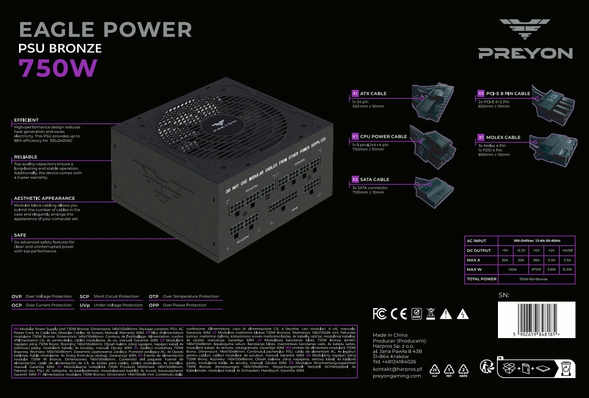 Furnizues rryme (PSU) PREYON Eagle Power Bronze PEPB750W 750W, 80 Plus Bronze, fully modular, i zi