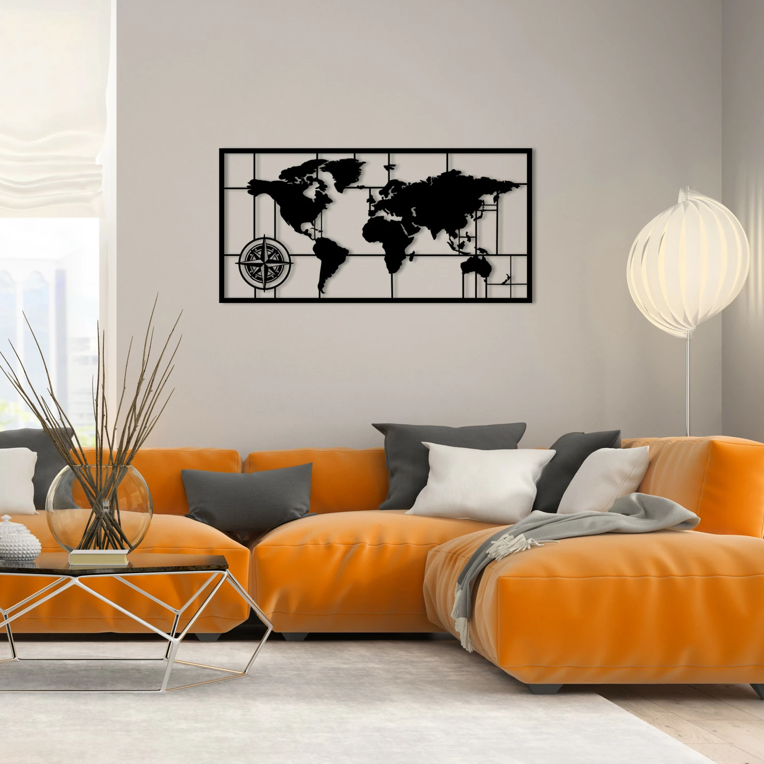 Aksesori dekorativ metalik për mur, hartë bote, Wallity, 121x60cm, e zezë