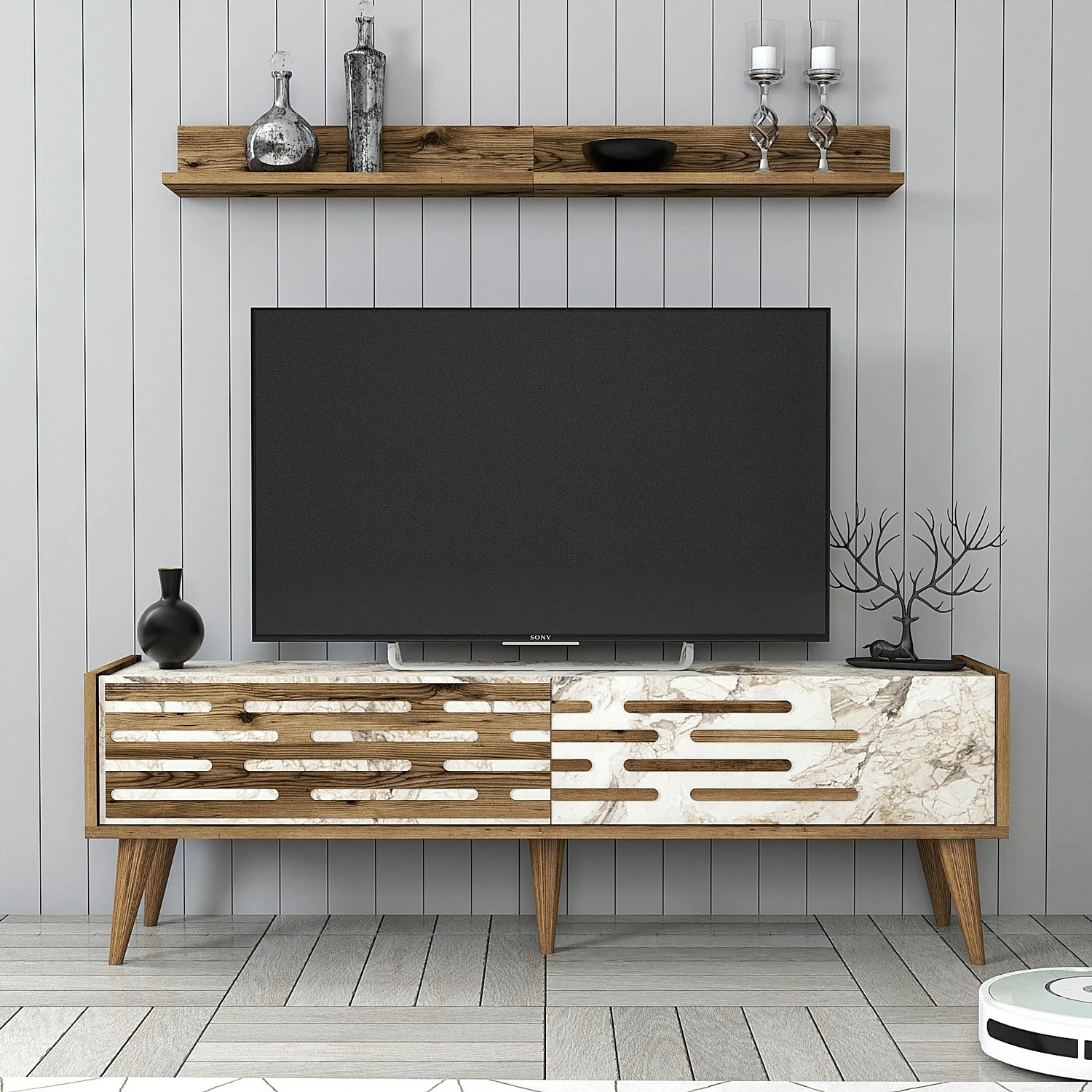 Komodë TV Hanah Home, Valensiya 140, ngjyrë arre, e bardhë, mermer