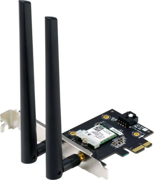 Kartelë rrjeti Wi‑Fi Asus PCE-AX1800 (90IG07A0-MO0B00) PCIe, Wi‑Fi 6 AX1800, Bluetooth 5.2, 2 antena të jashtme, e zezë