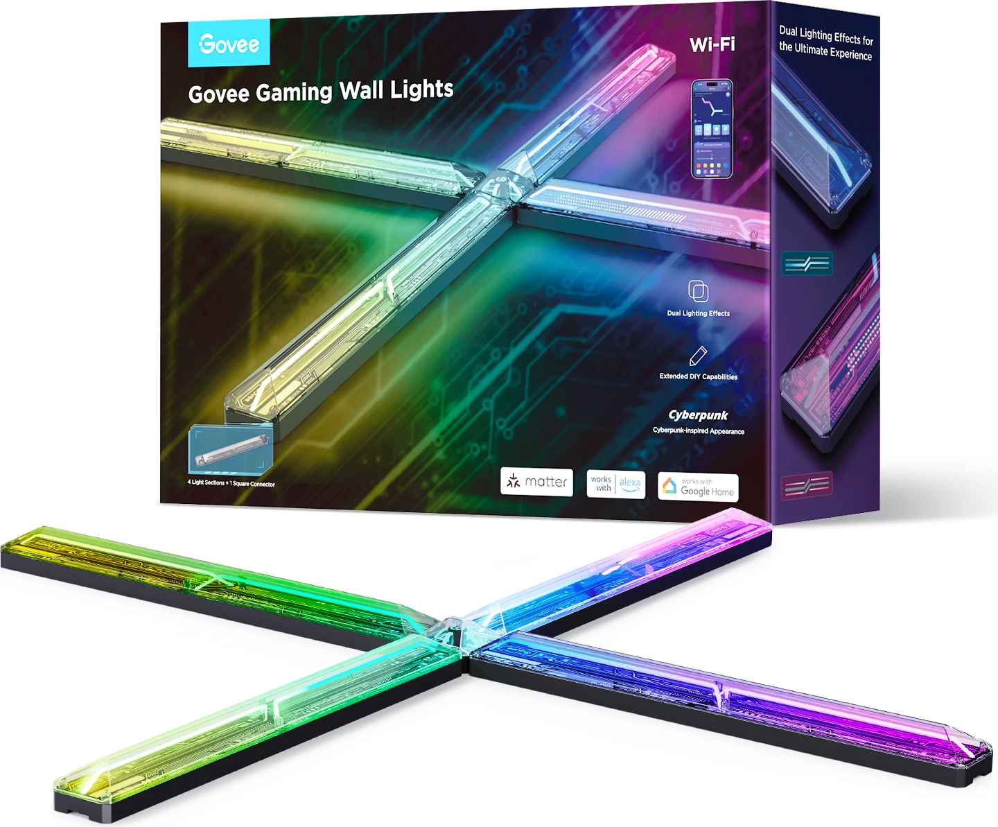 Drita muri gaming Govee Gaming Wall Lights, Wi‑Fi, 16 milion ngjyra, sinkronizim me muzikë, set 4+1
