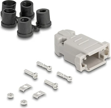 Shtëpizë konektori D-Sub 9-pin DeLOCK, me vula gome, 41.6 x 31.6 x 19.8 mm, e zezë/gri