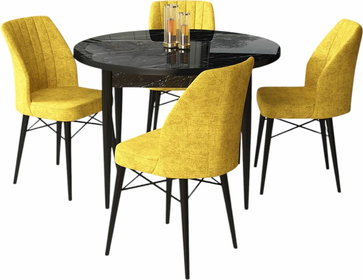 Set tavoline me karrige për ngrënie (5 copë), Skye Decor, Rox, mermer i zi, karrige mustard