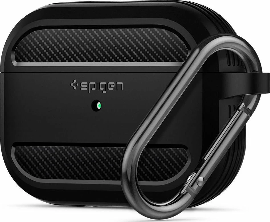 Mbështjellës mbrojtës Spigen Rugged Armor për AirPods Pro, TPU, dizajn karbon, me karabinë, i zi, me film mbrojtës