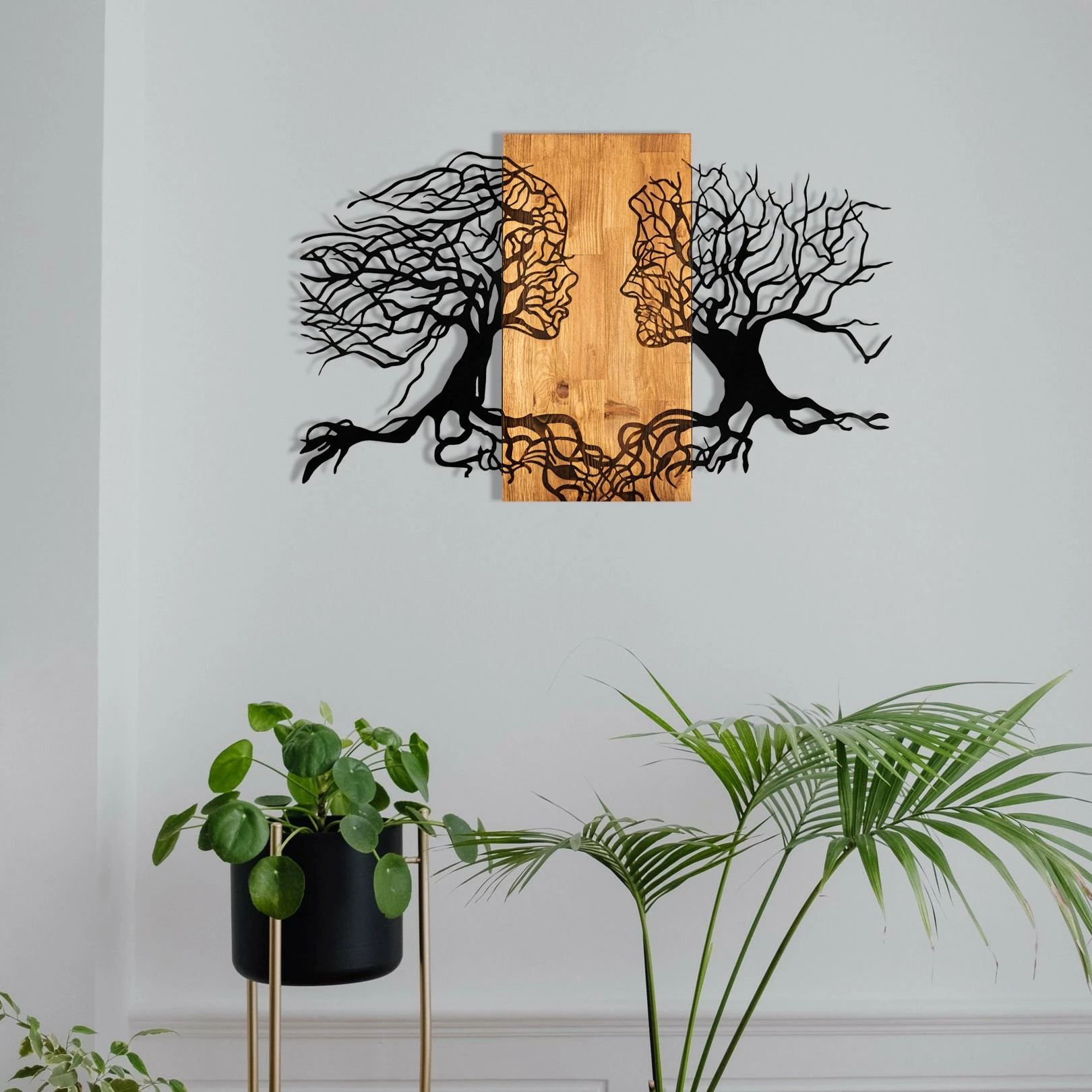 Aksesor dekorativ për mur, dru dhe metal, Wallity Tutku, ngjyrë e zezë dhe arre, 92x58cm