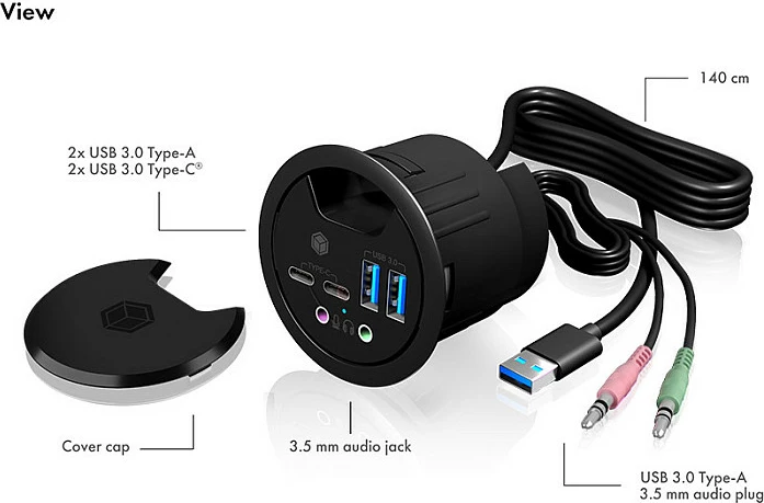 USB hub ICY BOX IB-HUB1403B, 4-port USB 3.0, montim në tavolinë, 4A, antracit