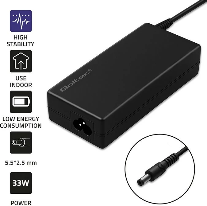 Adapter rryme AC/DC, Qoltec, 50799, 60W 12V 5A, konnektor 5.5 x 2.5 mm, e zezë, me kabllo rryme + rrip organizues