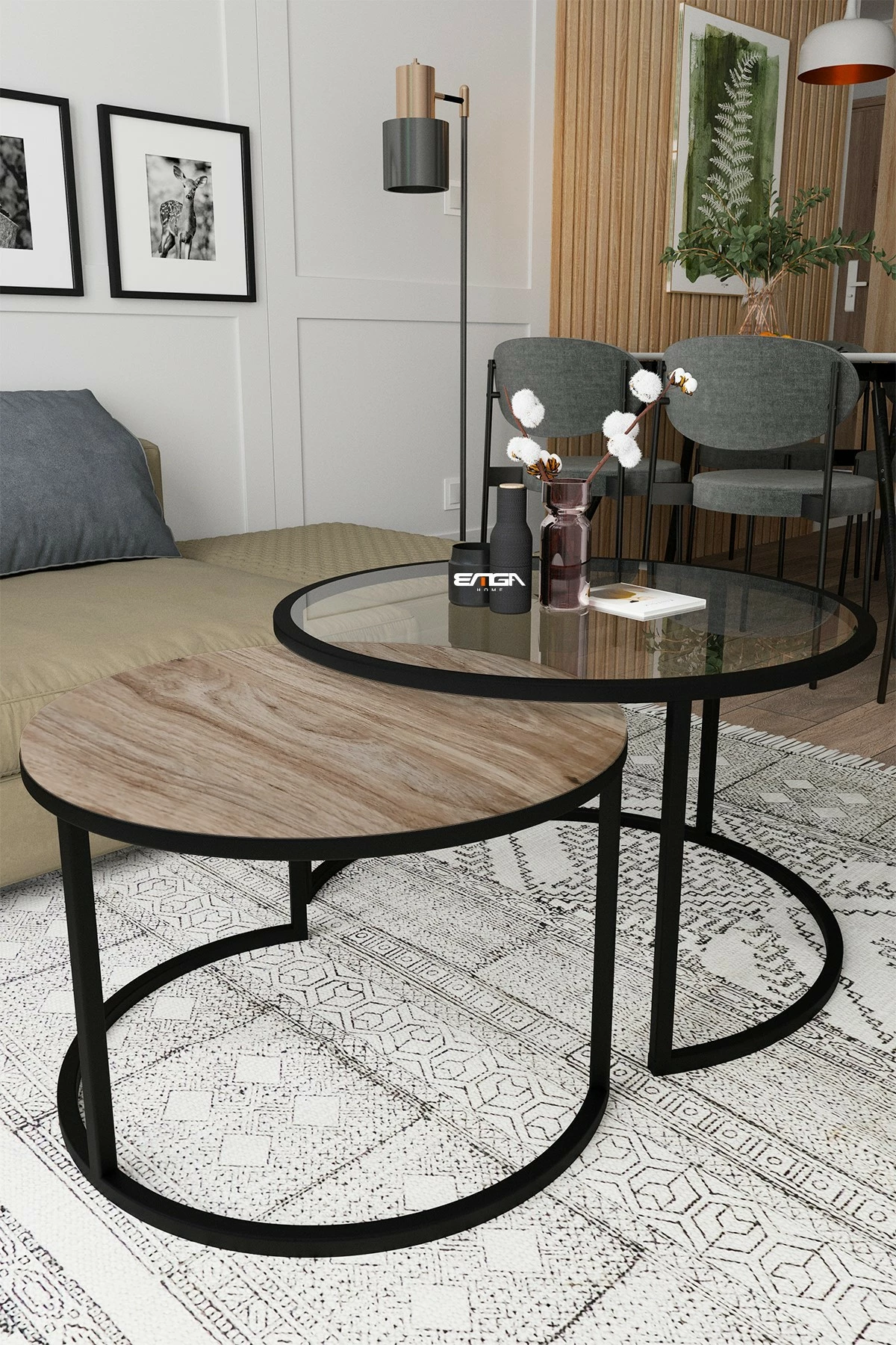 Tavolinë kafeje Skye Decor, bora, xham transparent, dru pishë antike