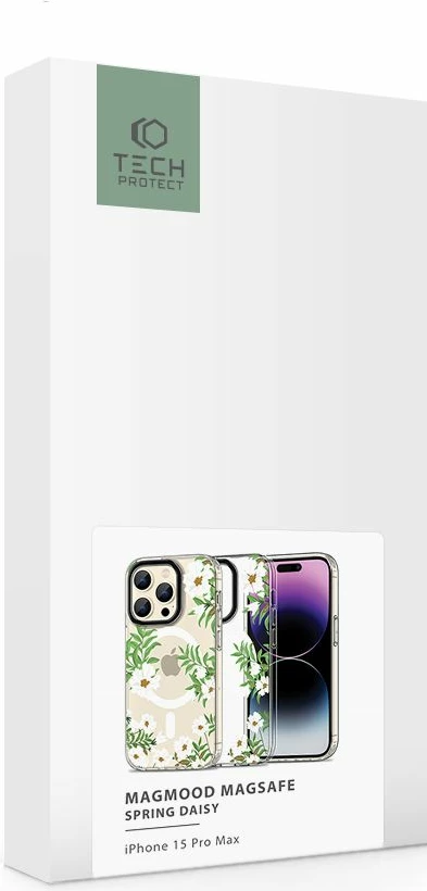 Mbështjellës Tech-Protect MagMood MagSafe për iPhone 15 Pro Max, lule me gjethe, i bardhë/transparente