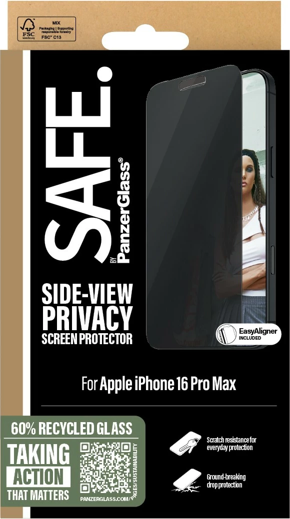 Mbështjellës ekrani PanzerGlass SAFE Privacy për iPhone 16 Pro Max, transparent