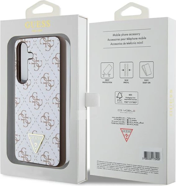 Mbështjellës Guess 4G Triangle Metal Logo për Samsung Galaxy S24, eco-lëkurë/TPU/PC, i bardhë