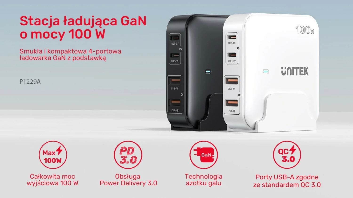 Karikues Unitek GaN 100W 2xUSB-A 2xUSB-C, i zi