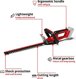 Gërshërë për gardh me bateri Einhell GC-CH 18/40 Li-Solo, 18V, pa bateri/karikues, kuqe/zi
