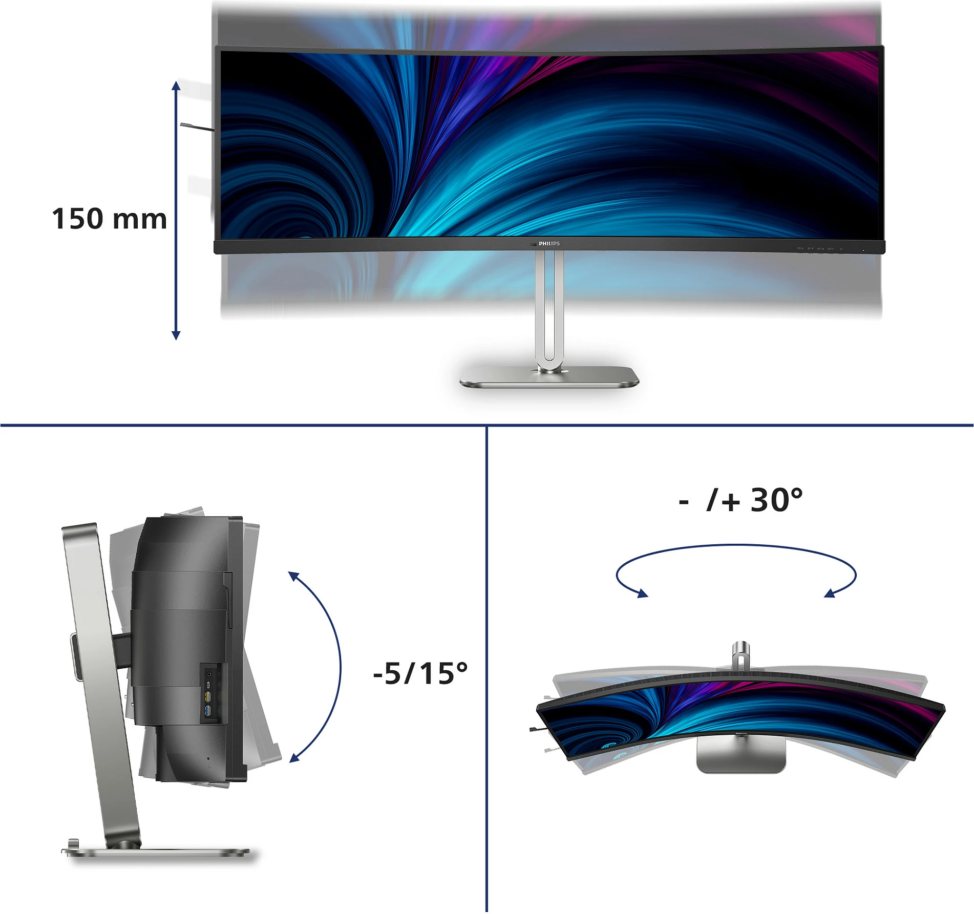Monitor Philips 5000 Series 49B2U5900C/00, 48.8 inç SuperWide i lakuar, Dual QHD 5120x1440, USB-C 100W, i zi