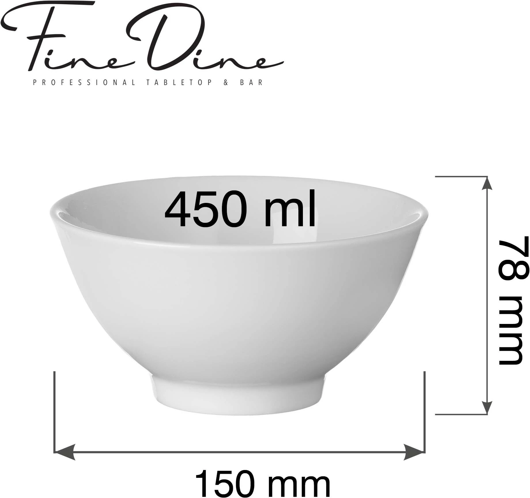 Tas Fine Dine Pure Bianco 450ml 150mm porcelan vitrifikuar, Bardhë, set 6 copë