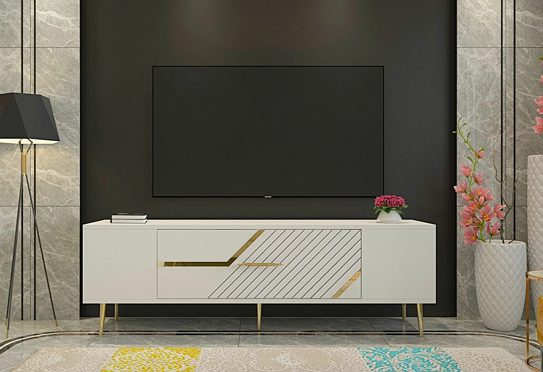 Komodë TV, e bardhë, e artë, Skye Decor, Dekolp5
