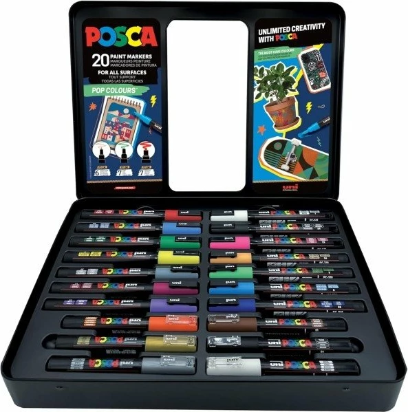 Set markerë dekorativ Uni Posca GIFT METAL TIN, 20 copë (6x PC-1MC, 7x PC-3M, 7x PC-5M), ngjyra të ndryshme