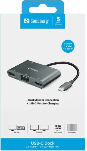 stacion dokimi USB-C SANDBERG 136-35, 2x HDMI + 1x VGA, USB-A 3.0, USB-C PD deri 100W, gri