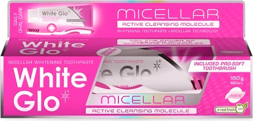 Set për kujdes oral White Glo Micellar Whitening Toothpaste unisex, 150g/100ml + furçë dhëmbësh + floss picks