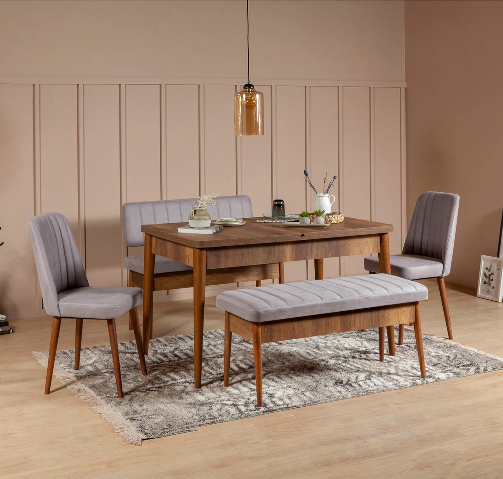 Set tavolinë me karrige, zgjatues, 5 pjesë, Hanah Home, ngjyrë arre, Soho gri