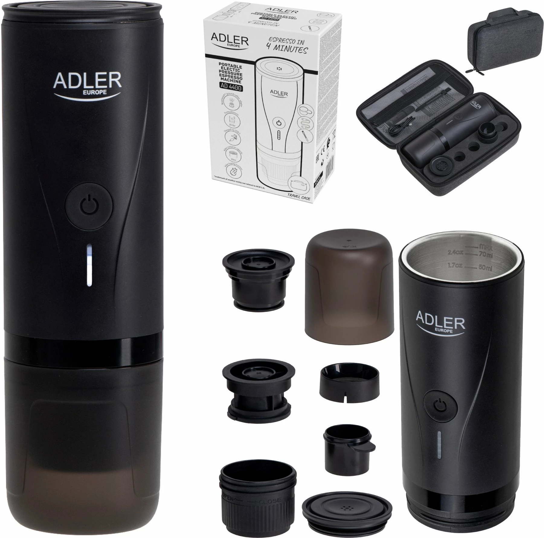 Makinë kafeje portative me kapsula Adler AD 4400, 20 bar, USB-C, 7500mAh, për Nespresso, e zezë